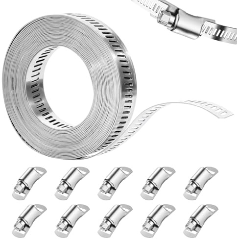 QingWing 4 metri Fascette Stringitubo, Regolabile Fascette Stringitubo Inox, Fascetta Metallica con 10 Morsetti, Fascettes in Acciaio Inox Adatto per Tubi del Carburante, Diesel, Dell'acqua e del Gas