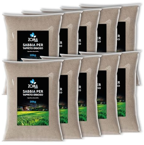 ZOMA Sabbia silicea per prato erboso e sintetico con basso tenore di calcare 10 sacchi da 20kg, Sabbia per prato sintetico drenaggio e stabilità ottimale - Made in Italy
