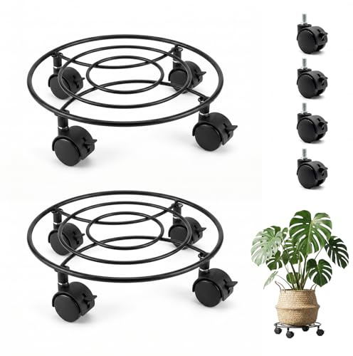 xiruiubao Plataforma con Ruedas,2 Piezas 360 ° Base con Ruedas para Macetas Metálica Resistente,Soporte con Ruedas para Macetas para Salón Balcón Jardín,Negro 22 cm