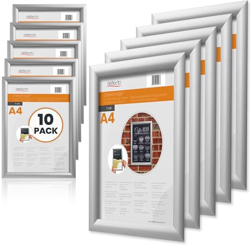 Lot de 10 Cadres Clipsables A4 Professionnels Deflecto - Aluminium Argenté 25mm - Porte Affiche Mural Facile à Changer pour Publicité, Menu, Bureau & Magasin - Intérieur/Extérieur Sous Abri