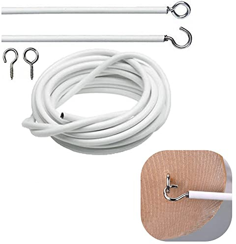 White Net Curtain Wire Kit, No Stretch Hanging Cord, 4 Hooks & 4 Fish Eyes