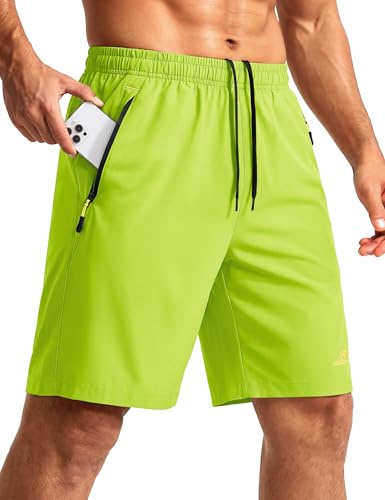 TACVASEN Running Shorts Men Breathable Gym Shorts Men Zip Pocket Sports Shorts Men Outdoor Shorts for Men Workout Shorts Men Training Shorts for Men Yellow Green