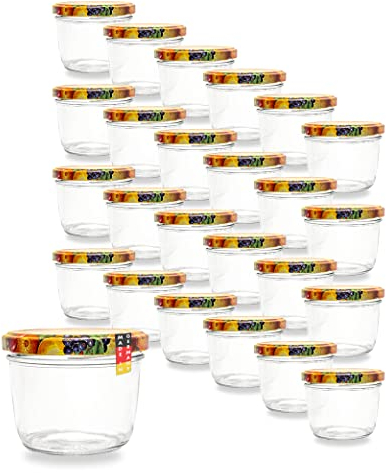 Flaschenbauer 24er Set Premium Sturzgläser 230 ml – Vielseitige Marmeladengläser & Einmachgläser mit farbigem Twist-Off-Deckel, inklusive Etiketten. Ideal für Suppen, Dips, Tee, Kräuter (Obstdekor)