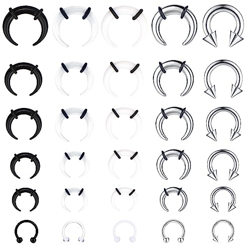 YADOCA 30Pcs Septum Pincher Tapers 16G 14G 12G 10G 8G 6G Horseshoe Septum Rings Acrylic Stainless Steel C Shape Septum Piercing Jewelry Nose Ear Cartilage Septum Stretching Kit for Women Men