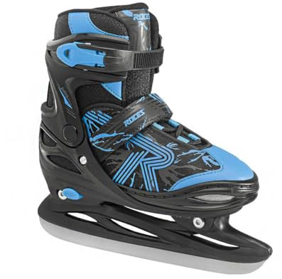 Roces Kid's Children Adjustable Stainless Steel Hockey Blade Jokey Ice 3.0 Boy Ice Skates w/Laces, Power Strap & Microadjustable Buckle Closure, Black/Blue, 13jr-2
