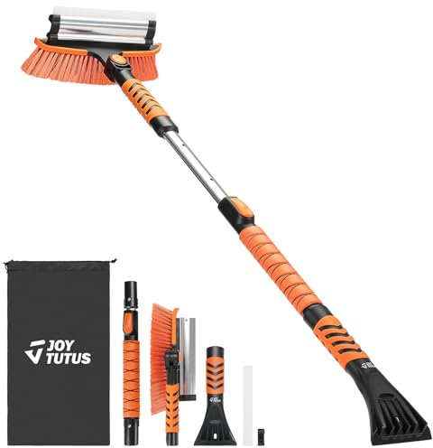 JOYTUTUS Rascador de hielo para coche con escoba, batidor de nieve extensible con cratezer de hielo, cepillo de nieve ajustable 270°, rascador de hielo telescópico para coche, SUV, camión, ventana,