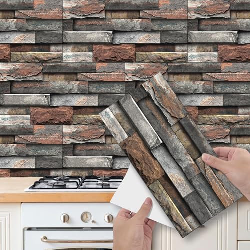 12 Sheets Brick Effect Tile Stickers, Peel and Stick on Wall Tiles for Bathroom Kitchen, Vinyl Self Adhesive Wall Tile Covers Transfers Waterproof (15cm x 30cm, 5.9x11.8 inches)