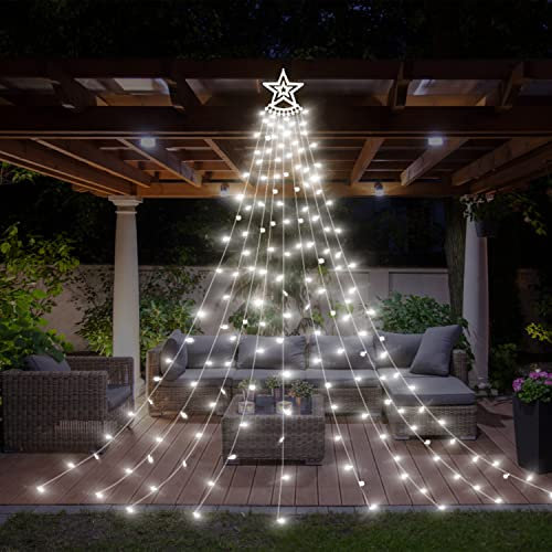 Esoes Christmas Lights Tree 350 LED Outdoor Christmas Decorations Waterfall Fairy Lights Waterproof Mains Powered with Topper Star 9 Strand String Light 8 Lighting Modes Fairy Lights (Pure White)