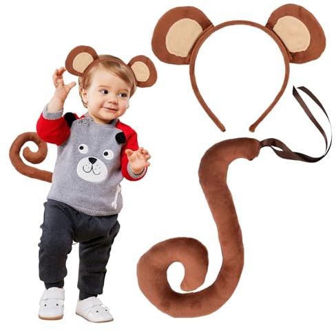 EUPSIIU 2-Piece Monkey Fancy Costume Set, Monkey Ears Headband and Long Tail, Brown Mouse Costume for Adults & Kids