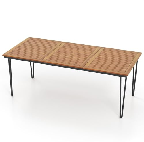 TANGZON Solid Acacia Wood Garden Table for 4/8 Person, Slatted Outdoor Dining Table with Parasol Hole, Metal Frame Desk Furniture for Patio Terrace Backyard Bistro (V-shaped Legs, 200x90x75cm)