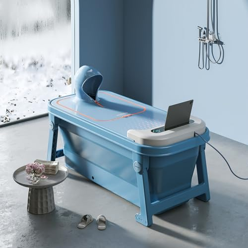 Zusammenklappbare elektrische Badewanne mit Heizung, großer Badeeimer für Erwachsene, Ganzkörpermassage-Badeeimer, Badewannenbecken, tragbare Badewanne mit Fernbedienung und Filterung (Farbe: Blau,