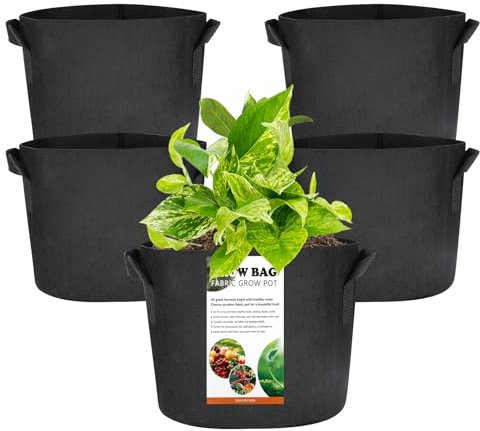 Planta Crecer Bolsas, Huerto Urbano Terraza, Bolsa de Cultivo de Tela No Tejida con Asas Fuertes,para Patatas, Tomates, Fresas y más(5 Piezas，Negro, 3 Galones)