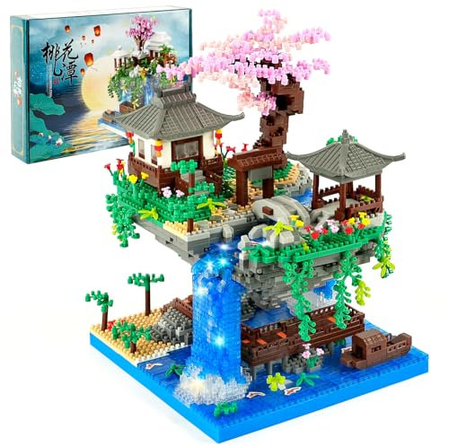 HOTUT Pfirsichblüten Baumhaus Bauklötze Kit, 2705 Stück Micro Klemmbausteine Pfirsichblüten Teich Architektur Mini Baustein, Kirschblüte Baumhaus Lichter Bausatz Sakura Bonsai Baum Baustein