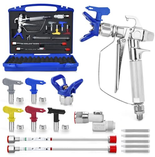 Kit de Pistolet a Peinture Airless,avec 5 Buse de Pulvérisation Airless, Buse Siège, Airless Peinture Pistolet Tige De Rallonge et Joints Rotatifs et 60 Mesh Éléments de Filtre et la Boîte