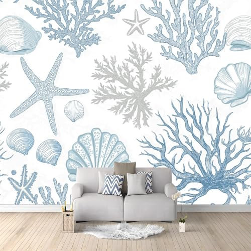 Papel tapiz fotográfico 200 x 140 cm Revestimiento de paredes decoración de salón Diseño Corales Sencillos Pintados A Mano para dormitorio, sala de estar, papel tapiz no tejido, Azul Blanco