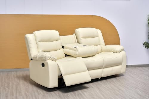 Manual Recliner Leather 3+2+1 Sofa Set - Recliner Sofa Set With Dropdown Table and Cupholder For Living Room (Cream, 3 Seater)