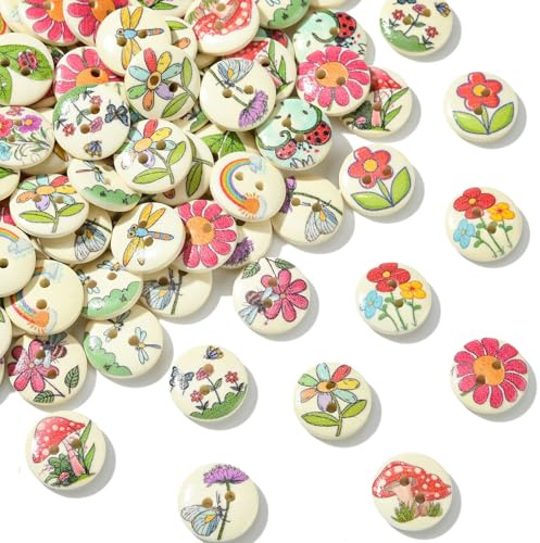 Airssory 100 st blommor träknappar 2-håls blomma och djurknappar tusensköna träknapp för kläder sömnad gör-det-själv konst hantverksprojekt