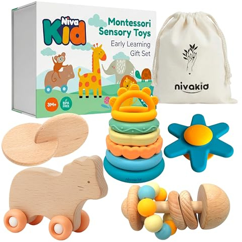 nivakid Giocattoli Montessori per Neonati 3-36 Mesi, Idea Regalo Bebè 1 Anno, Set Sensoriale in Legno e Silicone, Sonaglio, Gioco con Ruote e Ventose, Sicuro e Durevole