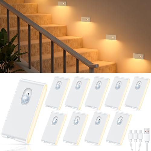 WILLED 10 Piezas Luz Nocturna Recargable USB-C, Luz LED Adhesiva con Sensor de Movimiento Infantil, 3 Modos (Auto/ON/Apagado), Carcasa Blanca para Pasillo, Escaleras, Cocina, Gabinetes, Garaje ySótano