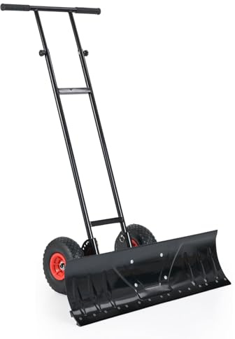 FANTASK Snösläde med hjul, snöskyffel med 7-vägs justerbar snöskylt, snöskylt 91,5 cm, ryggvänlig snösläde metall för trädgård, trottoar och uppfarter