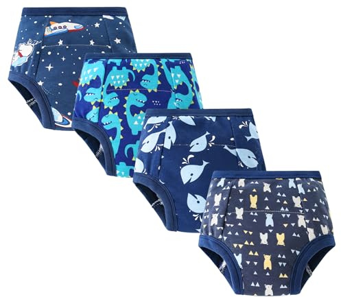 Happy Cherry Pack de 4 pantalones de entrenamiento para bebé, ropa interior para niños, niñas, algodón, pañales, entrenamiento, diseño de animales, pantalones de entrenamiento de 0 a 3 años, Azul 4