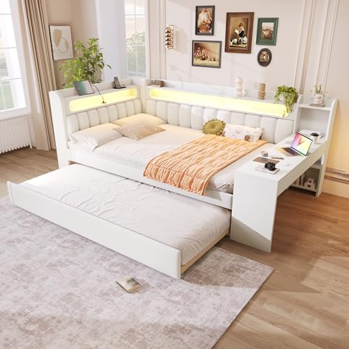 A ALFRESCOOL Cama infantil de 140 x 200 cm, cama juvenil con escritorio, cama de día, cama de día acolchada con puertos USB y cinturón LED, cama funcional con cama nido, sin colchón (blanco)