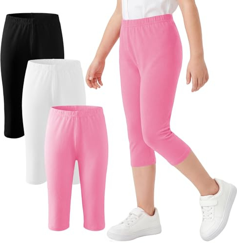 FILOWA Leggings for Girls 3 Pack Cotton Capri Tights Pants, 5-12 Years | Kids Cropped Legging, Elastic Waistband, 3/4 Stretchy Trousers, Spring, Solid, Cycling, for Child, Running School Park