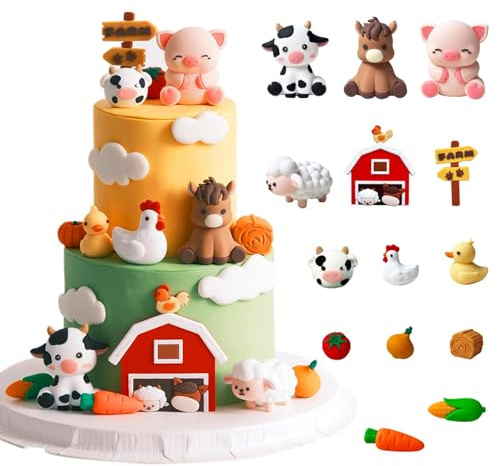 15 Piezas Decoración Tartas Cumpleaños Granja Animales Cake Topper Set con Vaca Cerdo Caballo Oveja Gallina Pato, Adorno Tarta Cumpleaños, Adornos Tartas y Magdalenas, Decoración Fiesta Tema Granja