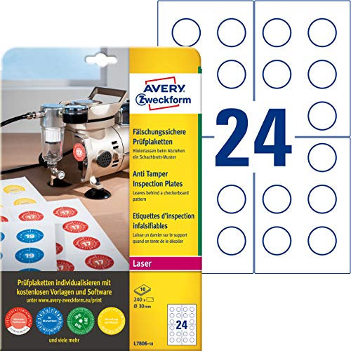 AVERY Zweckform L7806-10 Prüfplaketten bedruckbar (Ø 30 mm auf DIN A4, selbstklebend, fälschungssichere Folie, Prüfetiketten ideal zur Sicherheitskennzeichung, blanko) 240 Aufkleber auf 10 Blatt weiß
