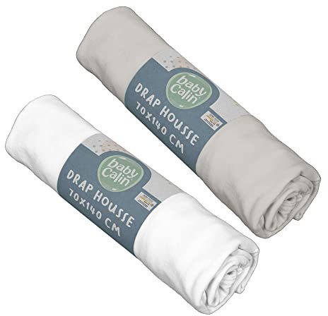 Babycalin - Set de 2 sábanas bajeras, 70cm x 140cm, Blanco/ Gris