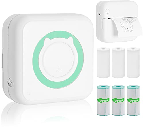AURTEC Mini-Thermodrucker, tragbarer, kabelloser, tintenloser Bluetooth-Drucker mit 3 Rollen Aufkleber und 3 Rollen Thermopapier, kompatibel mit Android/iOS, für Notizen, DIY, Tagebuch, Foto und mehr