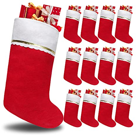 Tokforty 12 Pack Felt Christmas Stockings, 19 Inches Red and White Christmas Stockings Hanging Ornaments, White Cuff with Gold Trim Christmas Stockings for Family Christmas Holiday Decorations