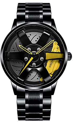 Herrklocka fälgklocka motorsportklocka i 3D fälg design anpassad designerklocka med mineralglas kvarts armbandsur, Gul-01, armband