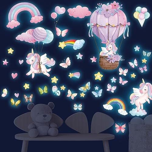 HSDSH Licorne Étoile Lumineuse Plafond Stickers Muraux Arc en Ciel Licorne Autocollant Mural Papillons Nuage Étoile Décoration Murale Chambre Enfants Bébé Fille Pépinière Salon