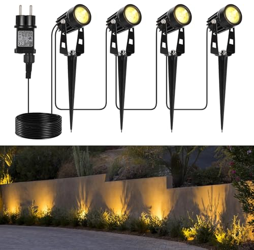 GuKKK Gartenbeleuchtung, 4er Set Gartenstrahler, Außenleuchten Netzbetriebene 13m 12V Niederspannungs-Pfad Strahler mit Adapter IP67 Wasserdicht, Warmweiß Scheinwerfer Gartenlampe Wegbeleuchtung