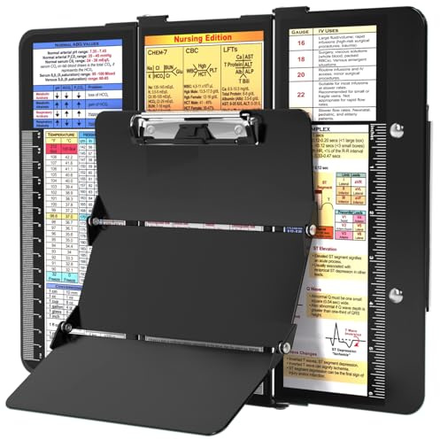 Nursing Clipboard Foldable, Foldable Clip Board w/Nursing Edition Cheat Charts, 3 Layers Aluminum, Nurse Clipboards w/Low Profile Clip & Pen Clip Pocket for Students, Nurses and Doctors, Black