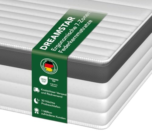DREAMSTAR Gold Taschenfederkernmatratze 80 x 200 cm H2 | Ergonomische 7-Zonen Matratze | 21 cm Höhe | Hypoallergen & Antibakteriell | Oeko-TEX® | Doppeltuch-Bezug waschbar | 21cm, 80x200cm