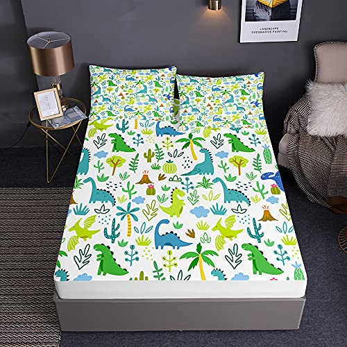 Surwin Spannbettlaken,3D Dinosaurier Spannbetttücher,Mikrofaser Spannbetttuch mit 2 Kissenbezügen,Tiefe Tasche 30 cm, Bettlaken Weich und Bequem, knitterfrei (Pflanze,180 * 200 * 30)