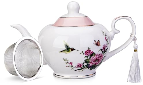London Boutique teapot with Infuser - Tea Pot infusers for Loose Tea -700ml Capacity Perfect 2 Cup teapot -Easy Grab Handle Teapots (Rose Bird Butterfly Pink)