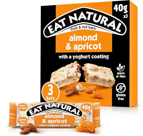 Eat Natural Fruit & Nut Bars - Almond & Apricot with Yoghurt Coating - Gluten Free, High Fibre Snacks - Creamy & Crunchy Treats - Multipack 3 x 40g