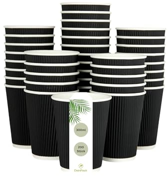 DeinPack Lot de 200 gobelets cannelés noirs de 300 ml à double paroi | Gobelets en carton kraft noir à emporter I Gobelets à café respectueux de l'environnement avec barrière thermique bio
