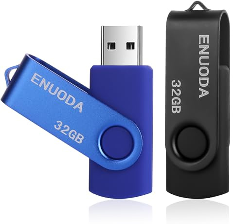 ENUODA Set of 2 USB Flash Drive 32GB USB Flash Drive 2.0 Flash Drive Storage, Rotating Memory Stick with LED Light (Black Blue)