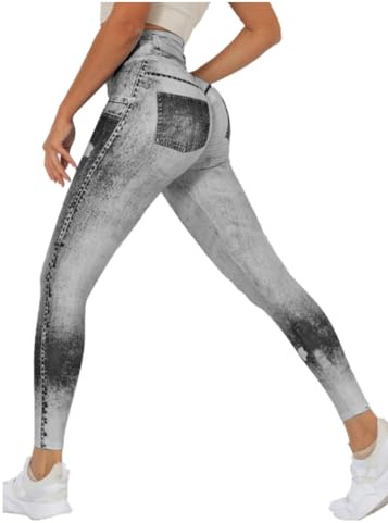 Gellmall Women Jeans Optics Leggings High Waist Yoga Pants Printed Jeggings Elastic Jeans Ladies Long Skinny Fitness Pants Tights L Light Grey