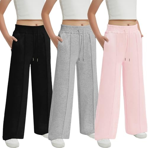 EXARUS Mädchen-Jogginghose mit Vordernaht, Kordelzug, hohe Taille, weites Bein, weite Beine, weite Passform, für Kinder, hohe Taille, 6–14 Jahre, Set 4, 152