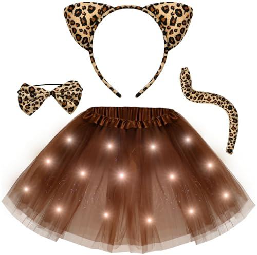 G.C Kids Light Up Leopard Costume Girls Leopard Ears Headband Tail Bow Tie Tutu Skirt Accessories Animal Costumes Halloween Cosplay Birthday Gifts