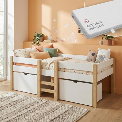 Bellabino Aspy Kinderbett 90x200 cm, mit 2 Schubladen, Weiß/Natur