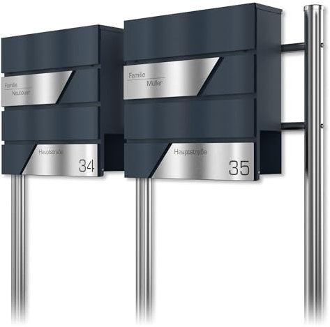 Graviers Design Cassetta postale doppia autoportante in antracite RAL 7016 con supporto - Nome, numero civico e nome della via incisi al laser in acciaio inox - Serratura design 1