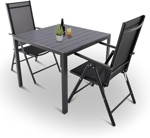 Raburg Gartenmöbel-Set, Moderne Sitzgruppe, 2 Stühle (klappbare Hochlehner) Tisch 90x90cm, wetterfestes Alu, Garnitur für Garten, Terrasse & Balkon, Norvey, Schwarz/Schwarz|Anthrazit-Schwarz