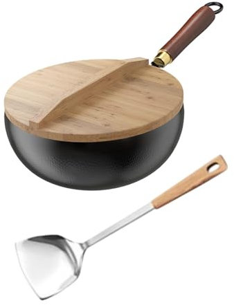 FytStycale Pan avec Poignée en Bois et Couvercle, Adapté à Divers Poêles, Idéal pour Le Camping et Les Restaurants, 24cm