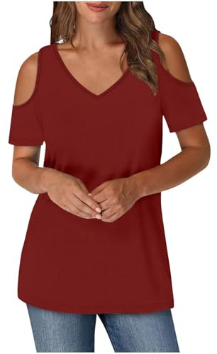 Ybing Haut à épaules dénudées pour femme - Couleur unie - Col en V - Tunique sexy - Épaules froides - Coupe ajustée - Manches courtes - Léger - T-shirt long d'été - T-shirt fin en coton - T-shirt
